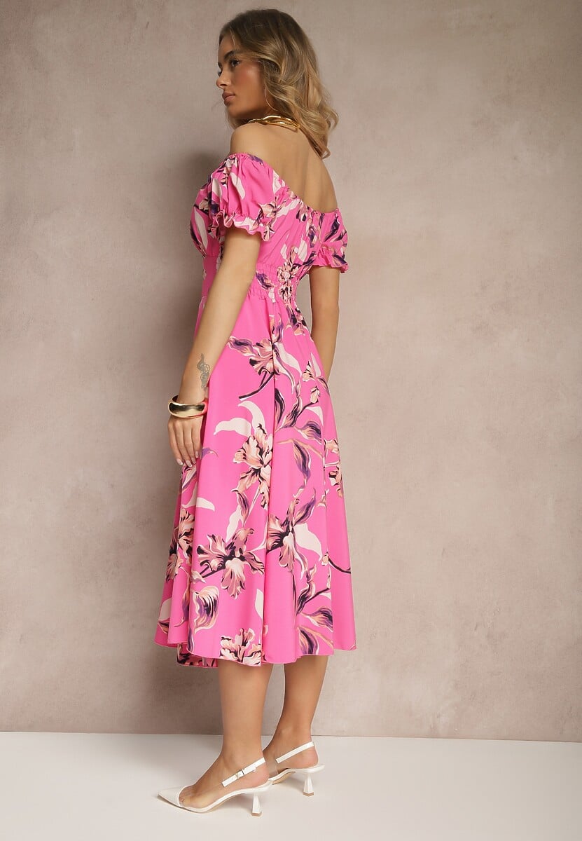 Fuksjowa Sukienka z Bawełną Rozkloszowana w Kwiatowy Print z Dekoltem Łódką Annirna