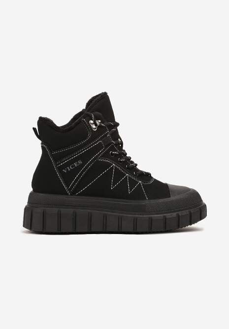 Czarne Botki Trapery Vices na Platformie z Tłoczeniem Ozdobione Przeszyciami Amirrise