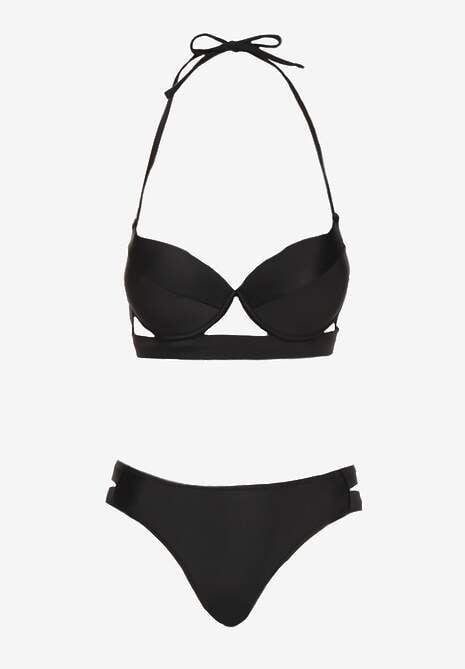 Czarne Bikini Majtki Figi z Wycięciami i Biustonosz z Ozdobnymi Paskami Kinalana