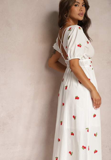 Biała Rozkloszowana Koktajlowa Sukienka z Bawełny z Gumką w Talii i Haftem z Wisienkami Vimasina