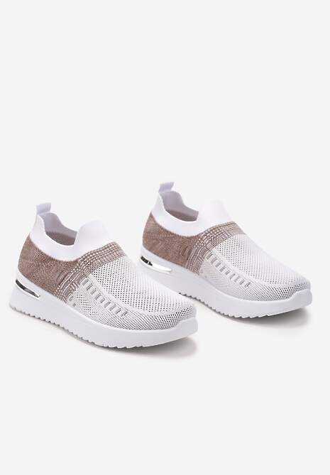 Biało-Beżowe Buty Sportowe z Nadrukiem Obmre i Skarpetkową Cholewką Erinevia