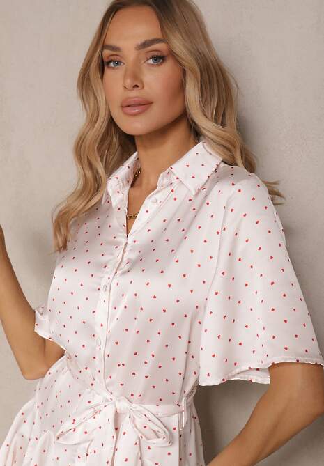 Biała Satynowa Sukienka w Kropki o Koszulowym Kroju z Paskiem Ribelia