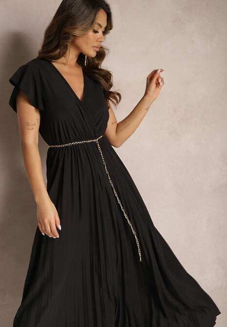 Czarna Plisowana Sukienka Maxi o Rozkloszowanym Kroju z Kopertowym Dekoltem Ofilva
