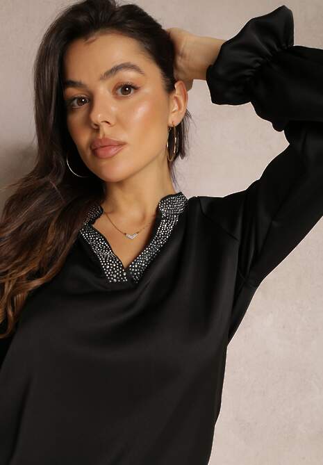 Czarna Bluzka Satynowa z Cyrkoniami Rapha