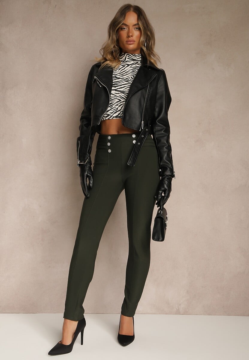 Ciemnozielone Spodnie z Ozdobnymi Zakładkami i Guzikami Vamirie