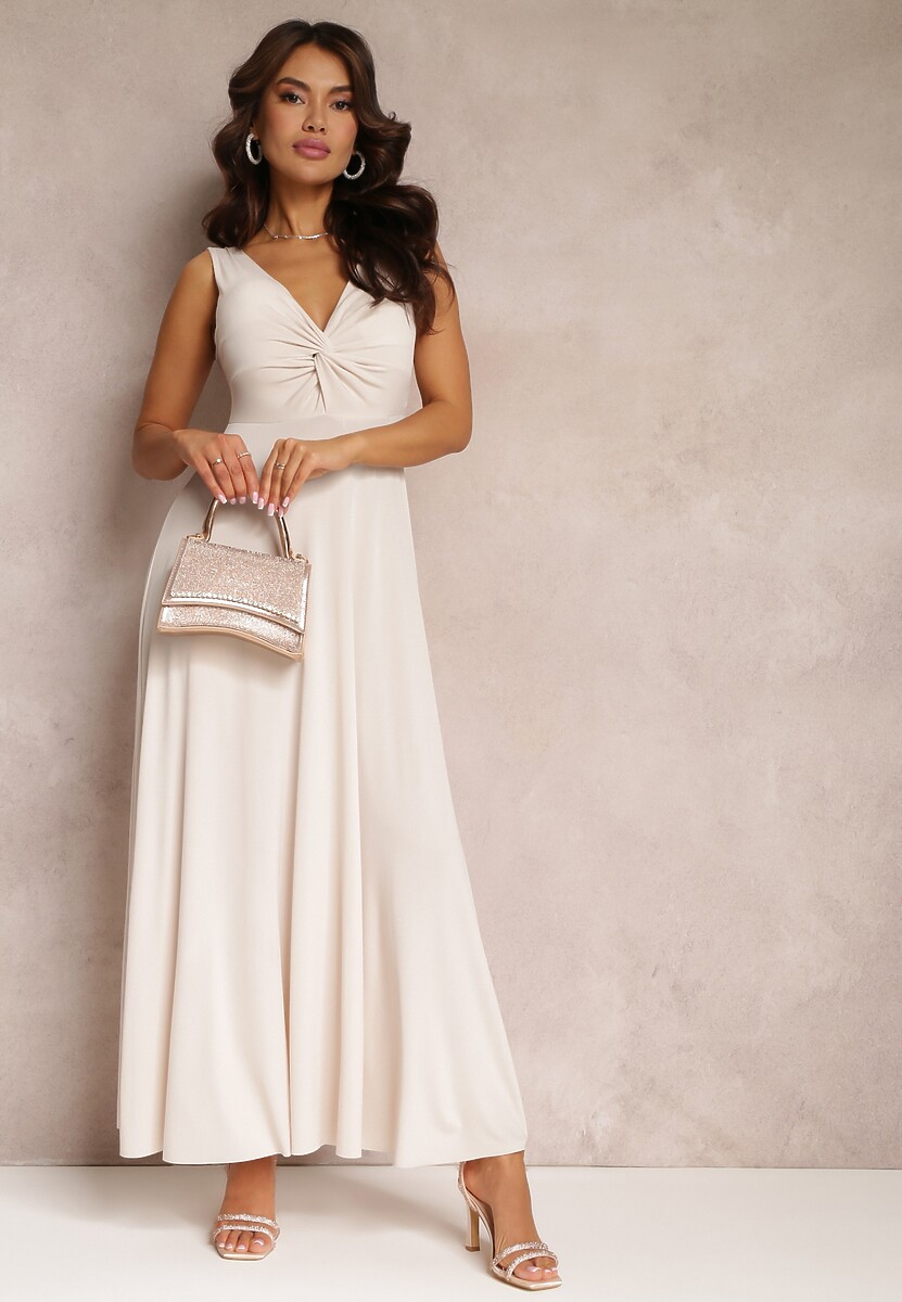 Beżowa Sukienka Maxi Bez Rękawów z Ozdobnym Marszczeniem na Biuście Eliphira