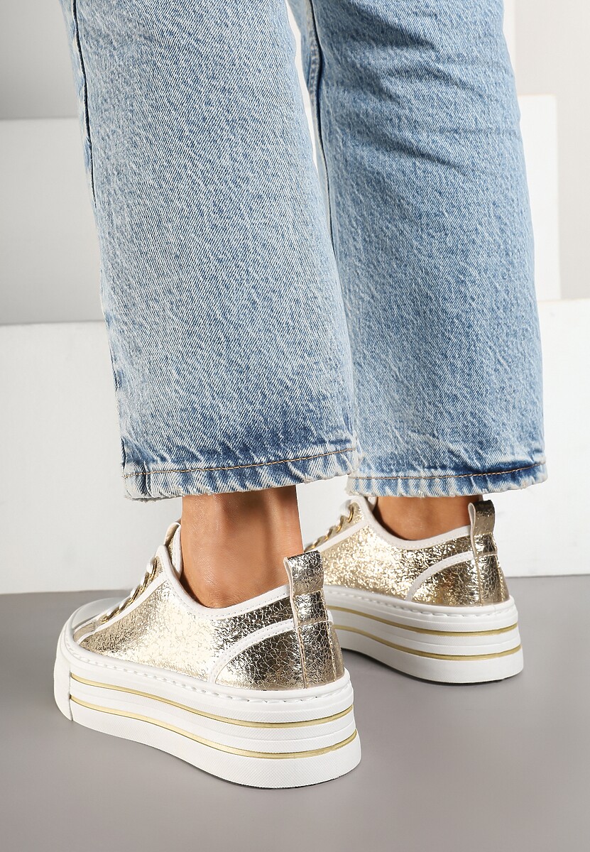 Złote Trampki na Niskiej Platformie Ozdobione Cyrkoniami Felelith