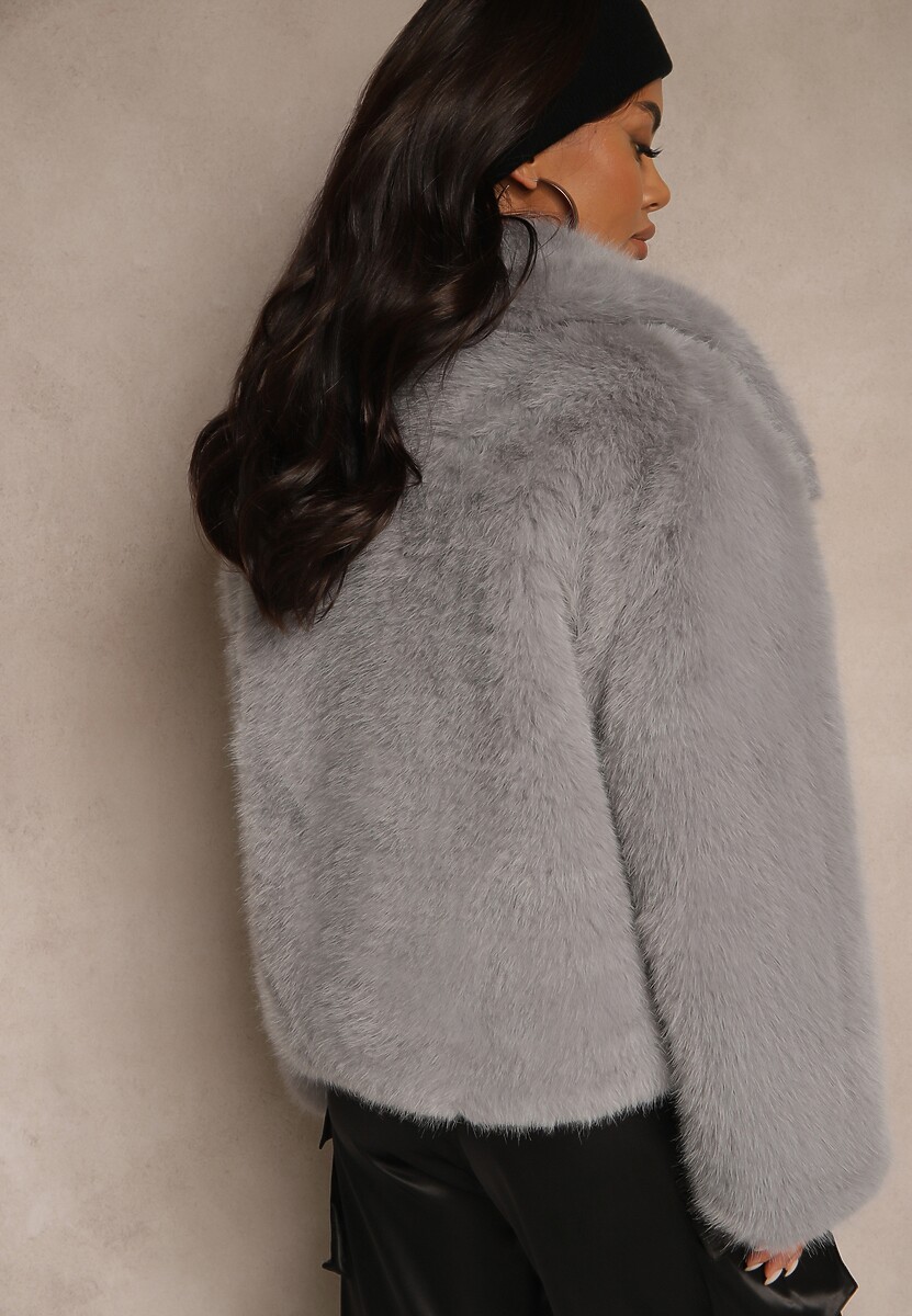 Szara Kurtka Futerko o Jednorzędowym Kroju z Szerokim Kołnierzem Dezile