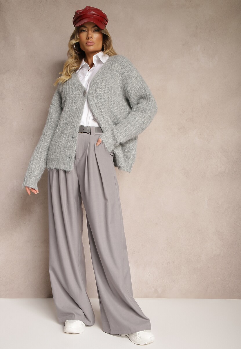 Szare Spodnie Palazzo High Waist z Szerokimi Nogawkami i Paskiem z Metalową Klamrą Oinna