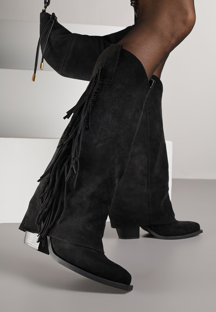 Ciemnobrązowe Kozaki Kowbojki na Stożku z Cholewką Imitującą Nogawkę z Frędzlami Monettea