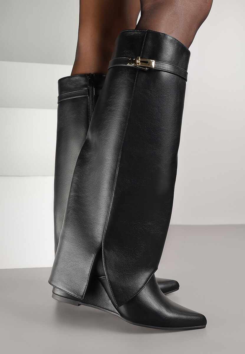 Czarne Kozaki na Koturnie z Cholewką Imitującą Nogawkę z Aplikacją Testarria