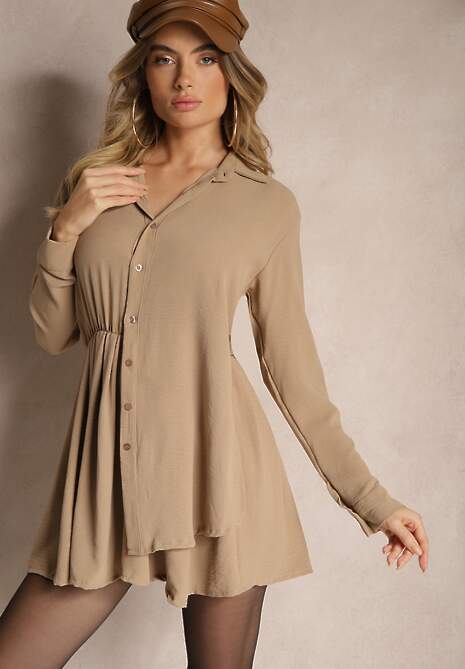 Ciemnobeżowa Koszulowa Sukienka o Asymetrycznym Rozkloszowanym Kroju z Gumką w Talii Eloriana