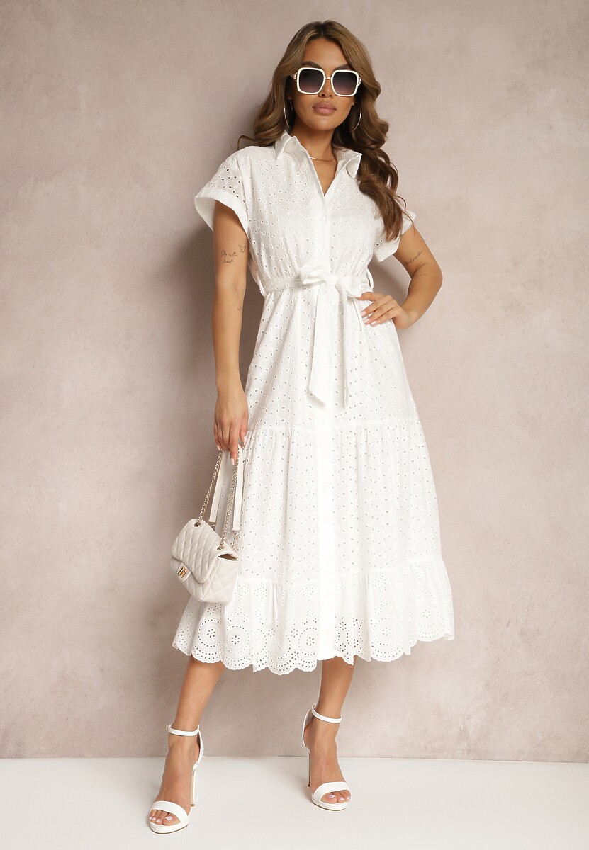 Biała Koszulowa Sukienka z Ażurowej Bawełny Wiązana w Talii Lulilena