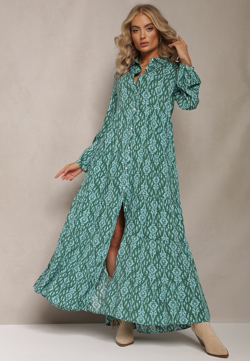 Zielona Sukienka Koszulowa w Ornamentalny Wzór Gongi