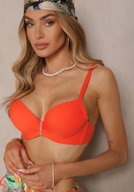 Pomarańczowe Bikini z Motywem Roślinnym Biustonosz i Majtki Figi ze Ściągaczami Sadorene