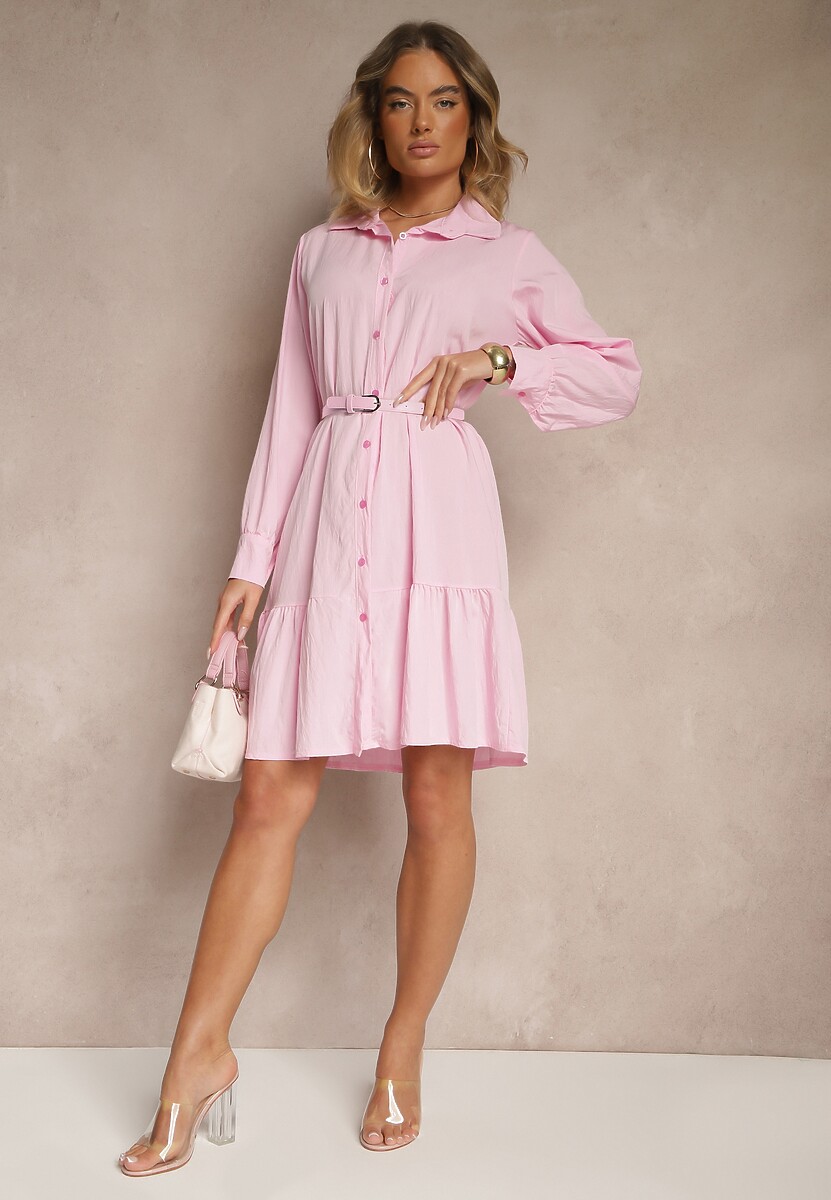 Różowa Koszulowa Sukienka z Wiskozą Zakończona Falbanką Tirzedi