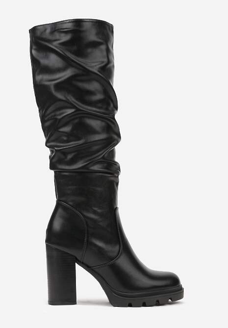 Czarne Kozaki do Kolana z Marszczoną Cholewką i Obcasem Typu Słupek Netalea