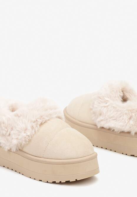 Beżowe Śniegowce na Grubej Podeszwie z Pikowanego Materiału Ozdobione Futerkiem Avirorae