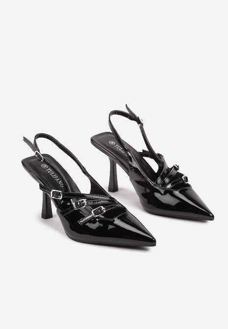 Czarne Szpilki Lakierowane Bez Pięty ze Sprzączkami i Paskami Bialettia