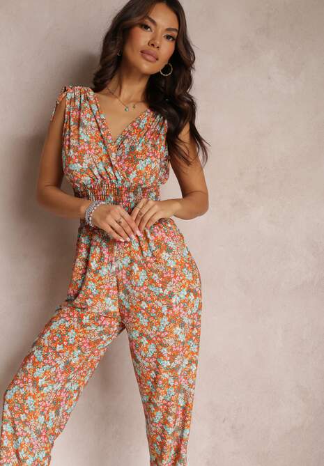 Pomarańczowy Kombinezon w Kwiaty ze Ściągaczami na Ramionach i Gumkami w Pasie Kirsen