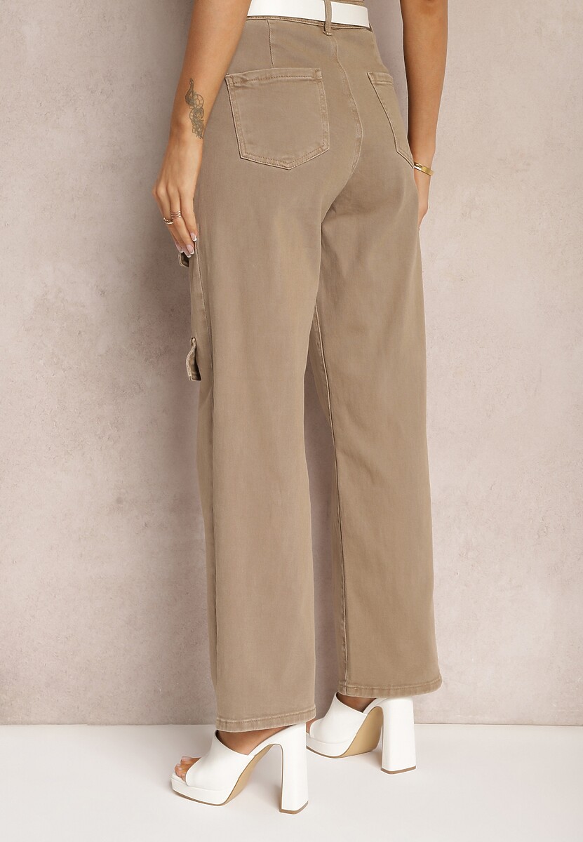 Jasnobeżowe Bawełniane Spodnie Bojówki z Prostymi Nogawkami i Kieszeniami z Klapami Aranduil