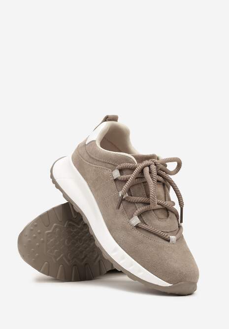 Ciemnobeżowe Zamszowe Sneakersy z Wkładką ze Skóry Naturalnej Dolavienne