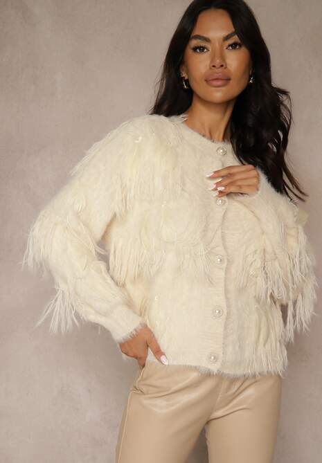 Beżowy Kardigan z Dzianiny z Wełną Imitującą Pióra z Perłowymi Guzikami Meviatta