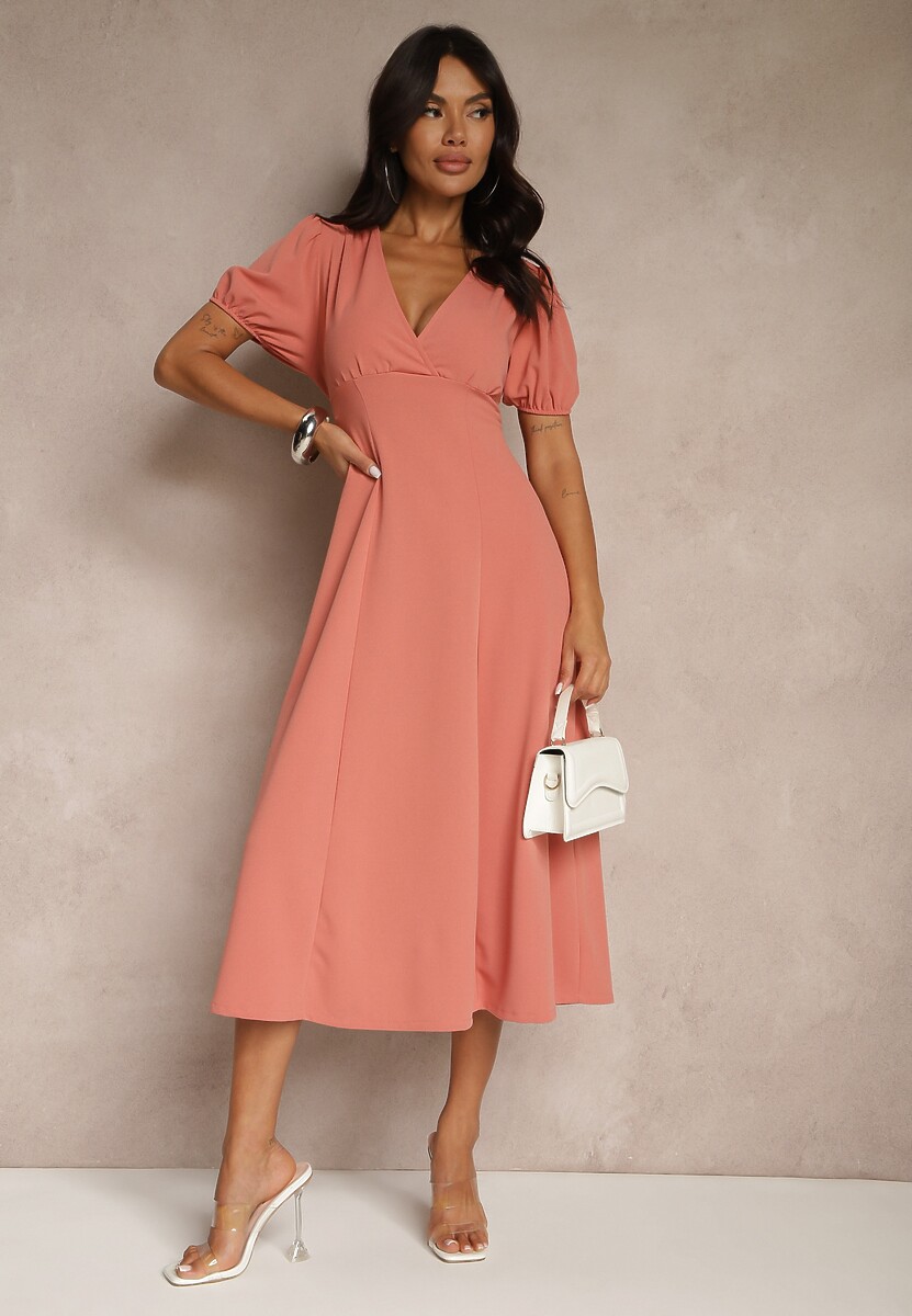 Pomarańczowa Rozkloszowana Sukienka Koktajlowa Ozdobiona Wiązaniem Ziverine