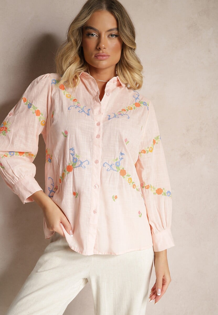 Różowa Bawełniana Koszula z Haftem i Regulacją przy Rękawach Donithia