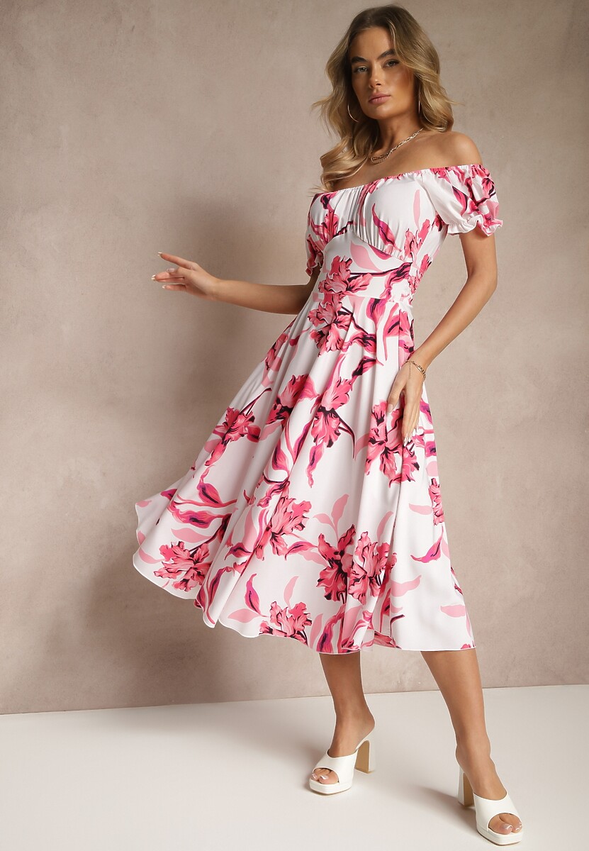 Jasnobeżowa Sukienka z Bawełną Rozkloszowana w Kwiatowy Print z Dekoltem Łódką Annirna