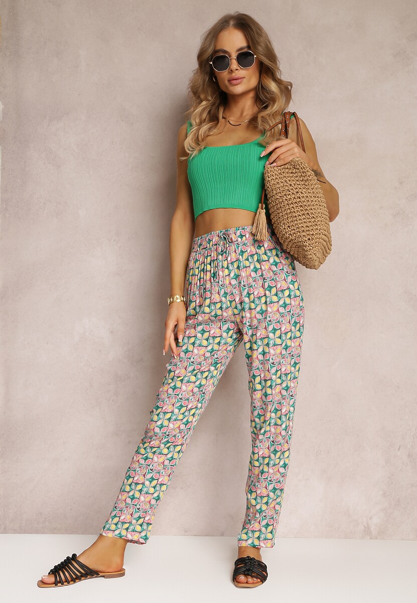 Zielone Wiskozowe Spodnie w Kwiaty z Gumką w Talii i Wysokim Stanem Toriana