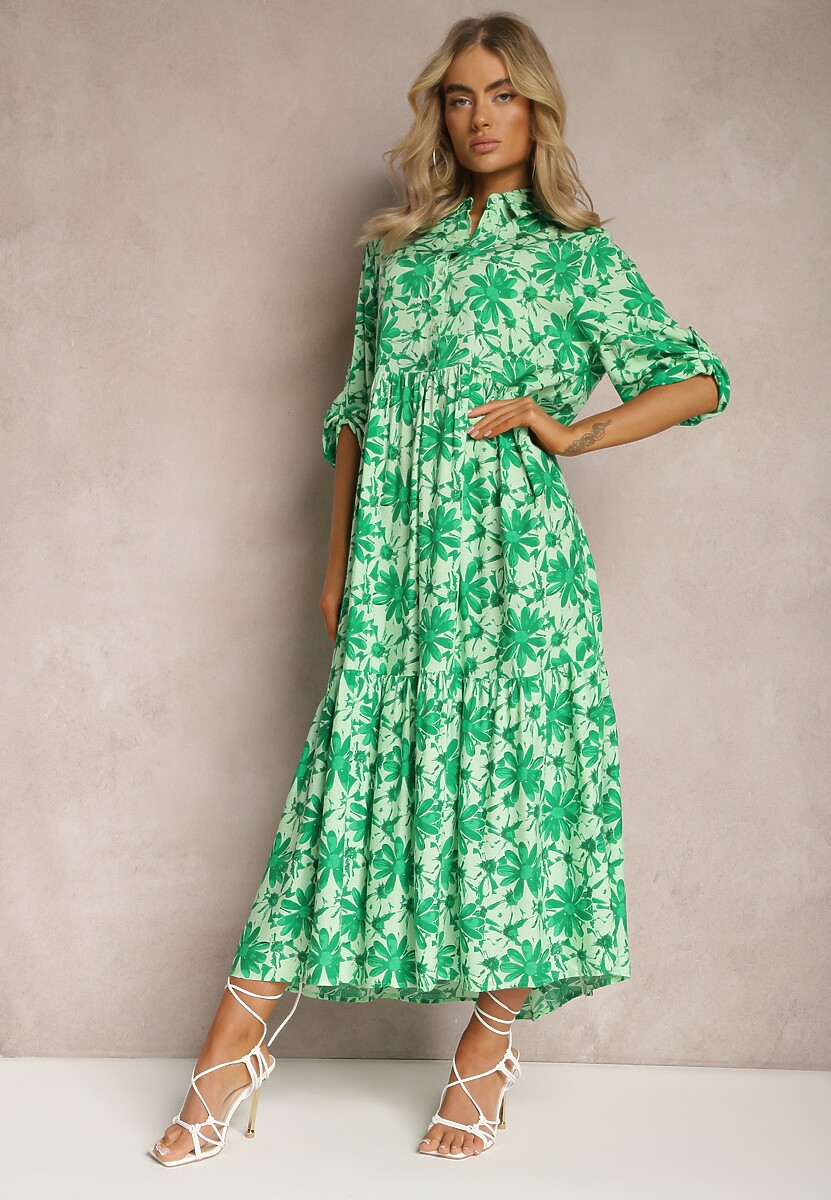 Zielona Rozkoszowana Sukienka z Koszulową Górą i Wzorem w Kwiaty Nealavin