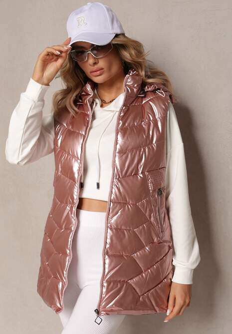 Różowa Kamizelka Bezrękawnik z Kapturem i Ozdobnym Pikowaniem Sieuna