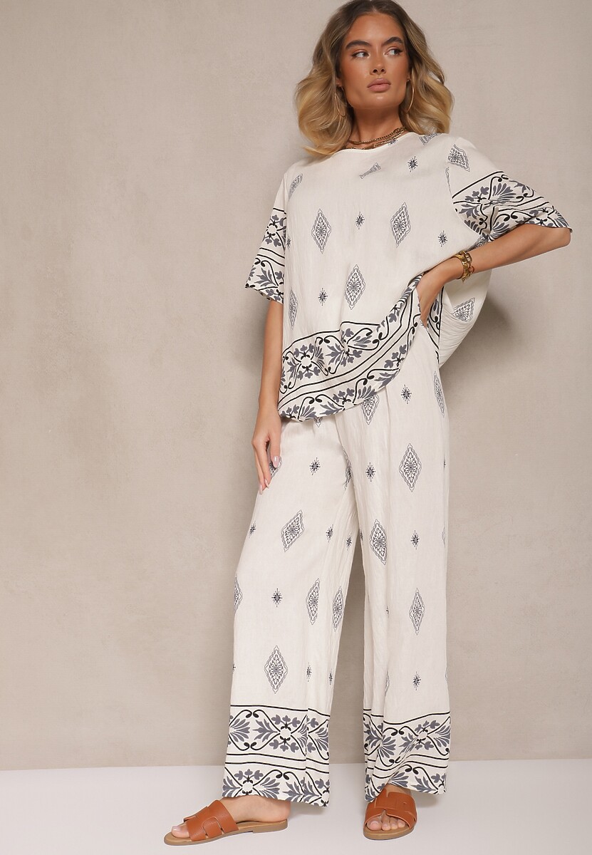 Beżowy Komplet w Stylu Boho Bluzka z Krótkim Rękawem i Luźne Spodnie Divorine