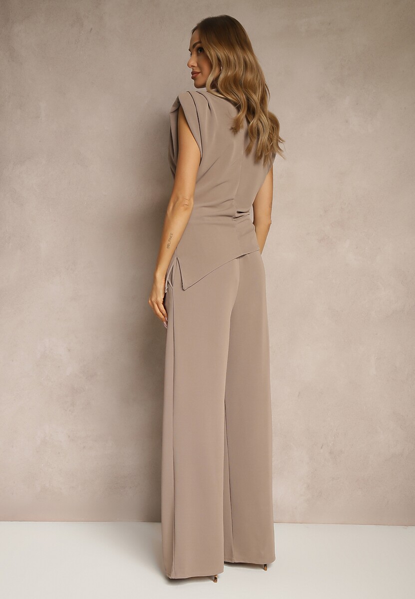 Jasnobrązowy Komplet Bluzka z Poduszkami w Ramionach i Proste Spodnie z Gumką w Pasie Divanes