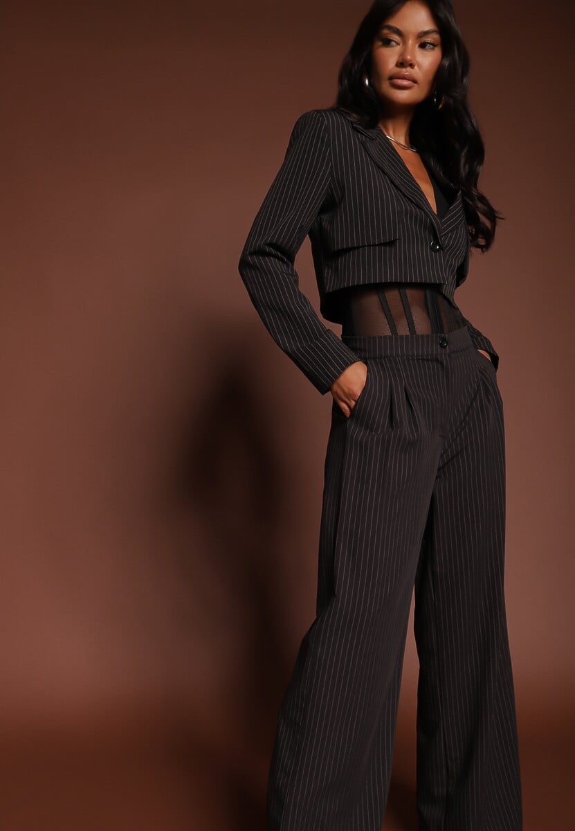 Czarny Komplet Garniturowy Marynarka Cropped i Szerokie Spodnie Mairilee