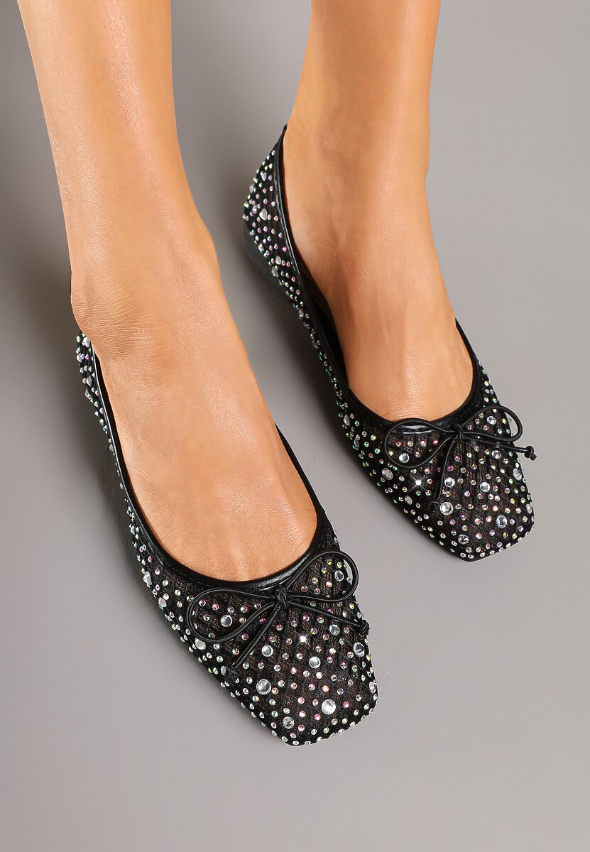 Czarne Balerinki z Siateczkową Cholewką Ozdobione Cyrkoniami i Kokardą Abbona