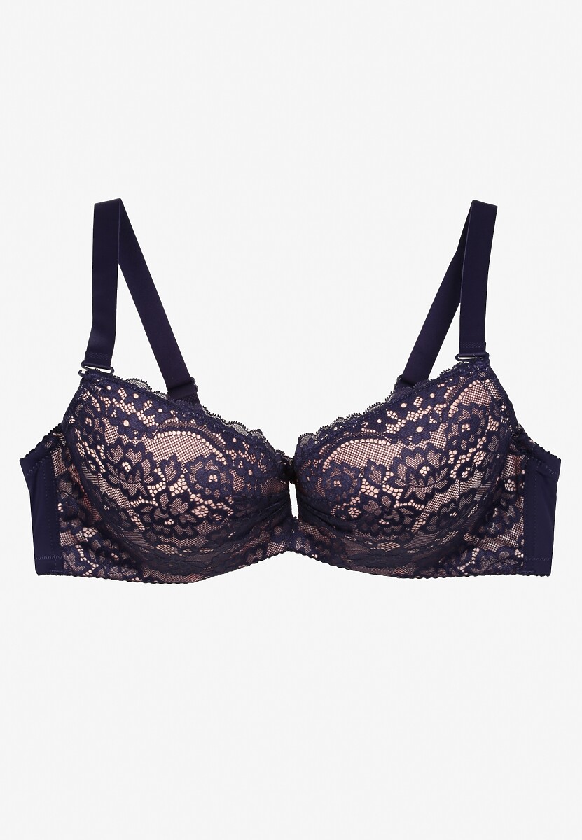 Granatowo-Różowy Koronkowy Biustonosz z Regulowanymi Ramiączkami i Metalową Zawieszką z Cyrkoniami Vanesti