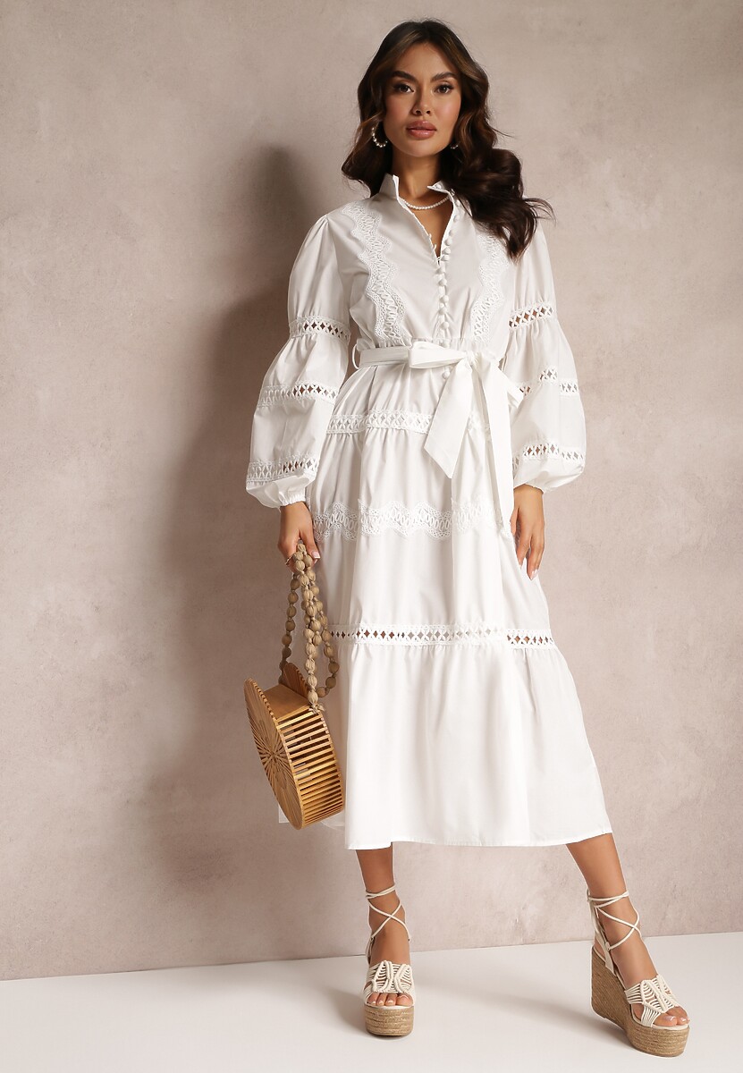 Biała Sukienka Midi z Guzikami i Koronkami Feralo