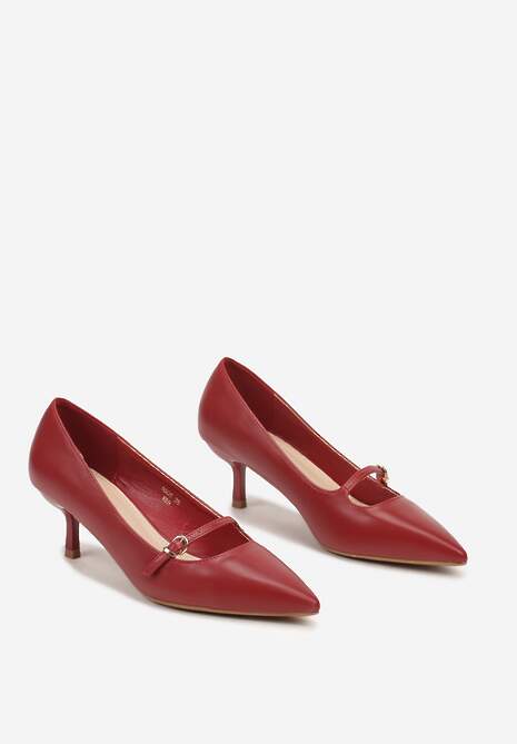 Bordowe Czółenka Kaczuszki Wykończone Ozdobnym Paskiem z Klamrą Merilorae