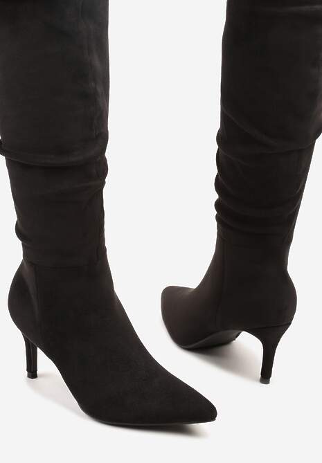 Czarne Marszczone Kozaki z Imitacji Zamszu na Obcasie Typu Szpilka Rilavira