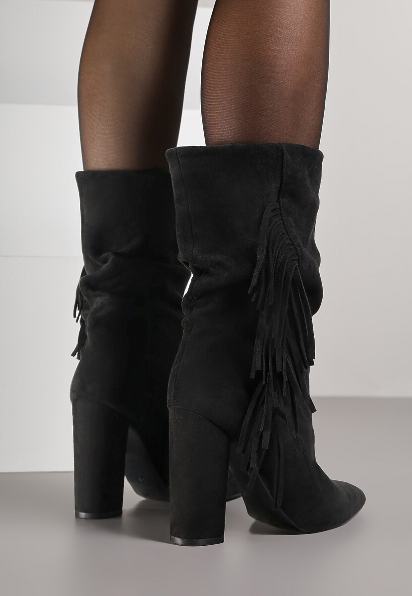Czarne Botki Kowbojki na Słupku z Frędzlami Reisetia