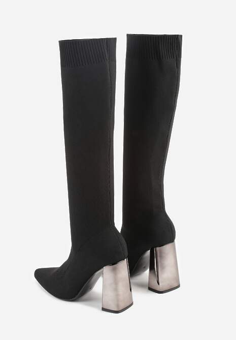 Czarne Skarpetkowe Kozaki Vices na Słupku z Metalicznym Połyskiem Tuvitte