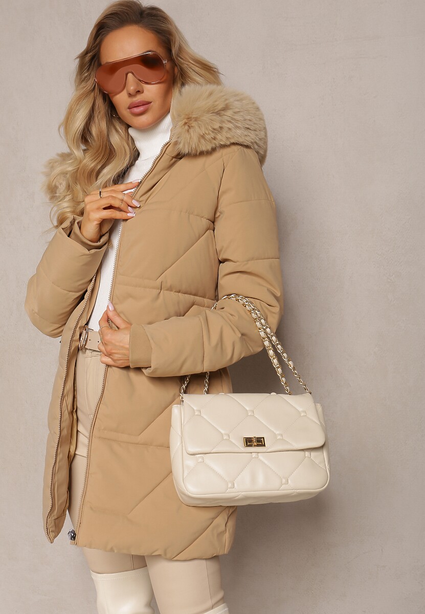 Ciemnobeżowa Pikowana Kurtka z Kapturem i Ozdobnym Futerkiem Zepiola