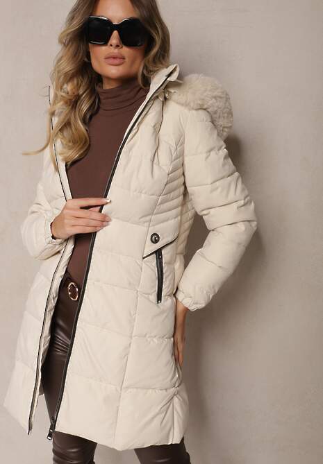 Jasnobeżowa Kurtka z Pikowanego Materiału z Odpinanym Kapturem i Futerkiem Tarlena