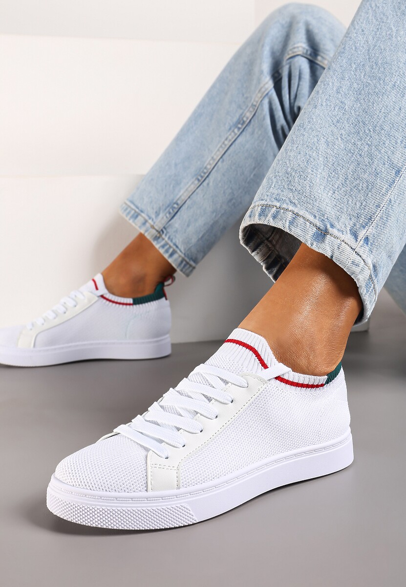 Biało-Zielone Płaskie Sneakersy Wsuwane z Imitacji Skóry ze Sznurowaniami Gaxia