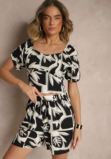 Czarny Wiskozowy Komplet w Roślinny Wzór Szorty i Bluzka Felindera
