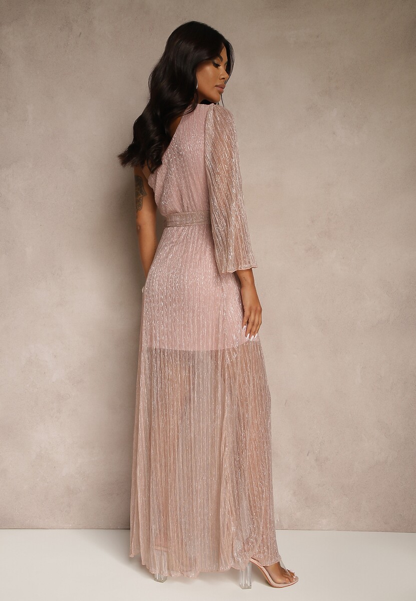 Różowa Asymetryczna Sukienka z Metalicznymi Przeszyciami i Wiązanym Paskiem Arhellia