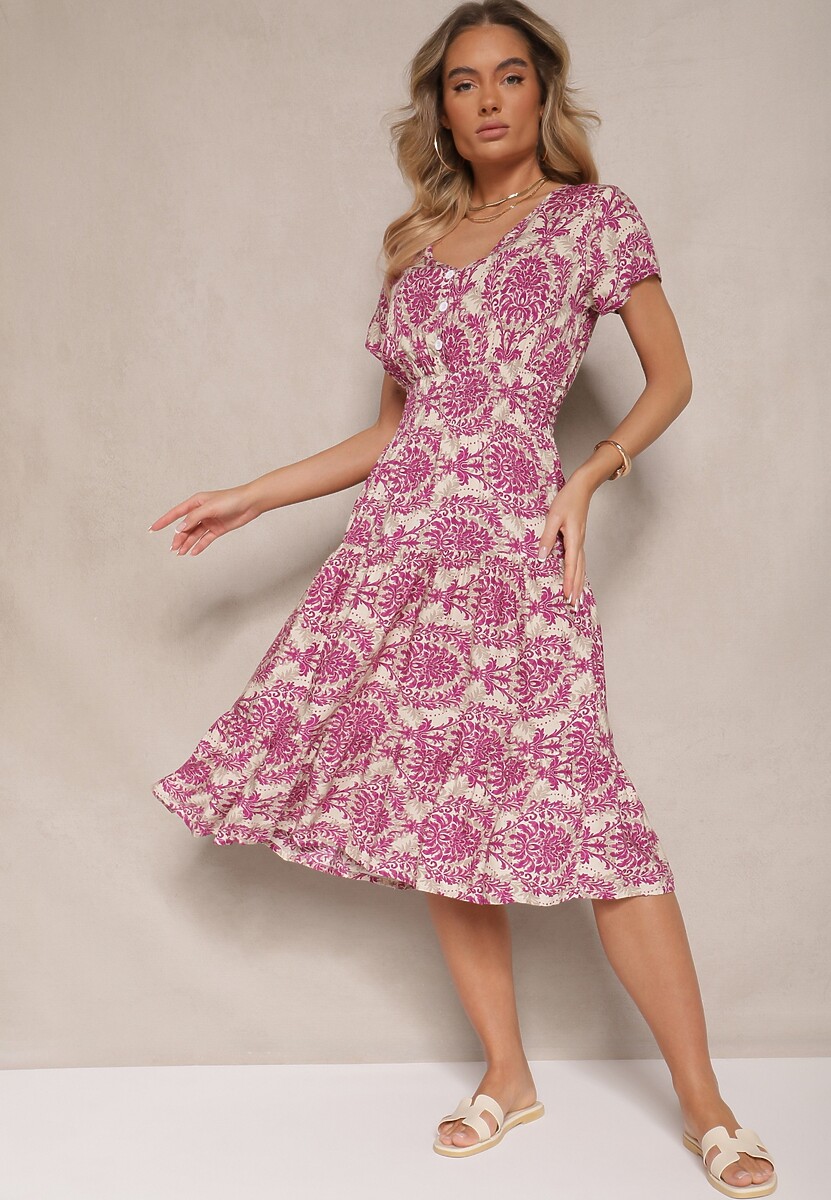 Różowa Rozkloszowana Sukienka z Bawełny z Gumką w Talii Desanita