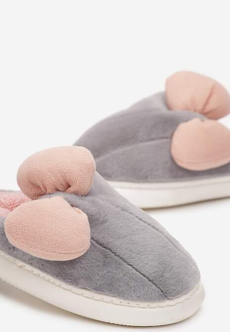 Szare Futerkowe Kapcie z Pluszową Kokardką Vlemona